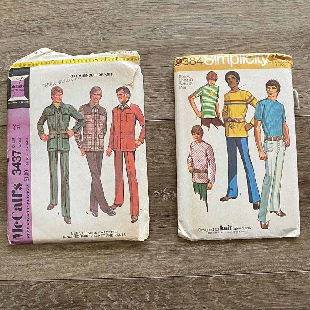 Vintage Sewing Patterns Mens McCall & Simplicity 1970 Chest 40 Waist 34 Lot 2